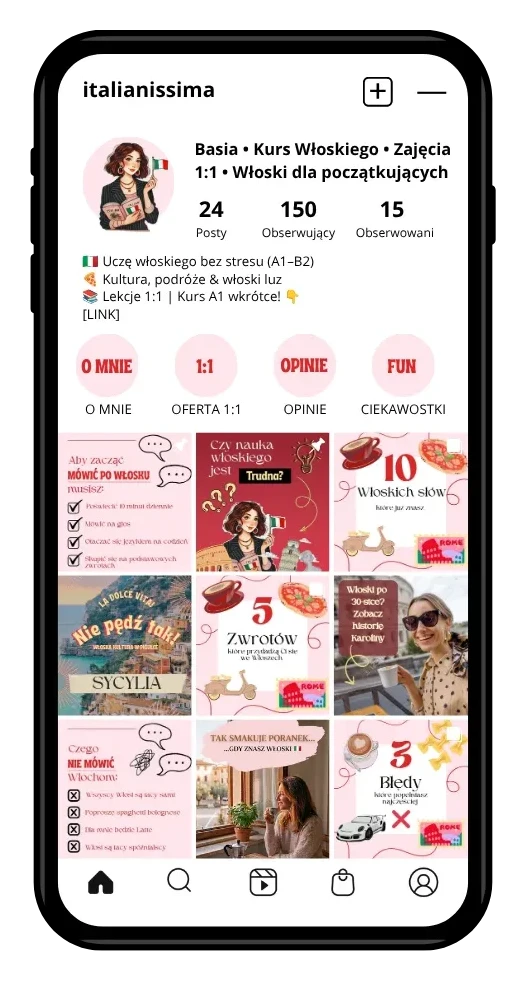 Italianissima — Propozycja wizualnego planu profilu (mockup Instagrama).